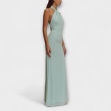 Rochie lungă cu legături la gât și textură satinat