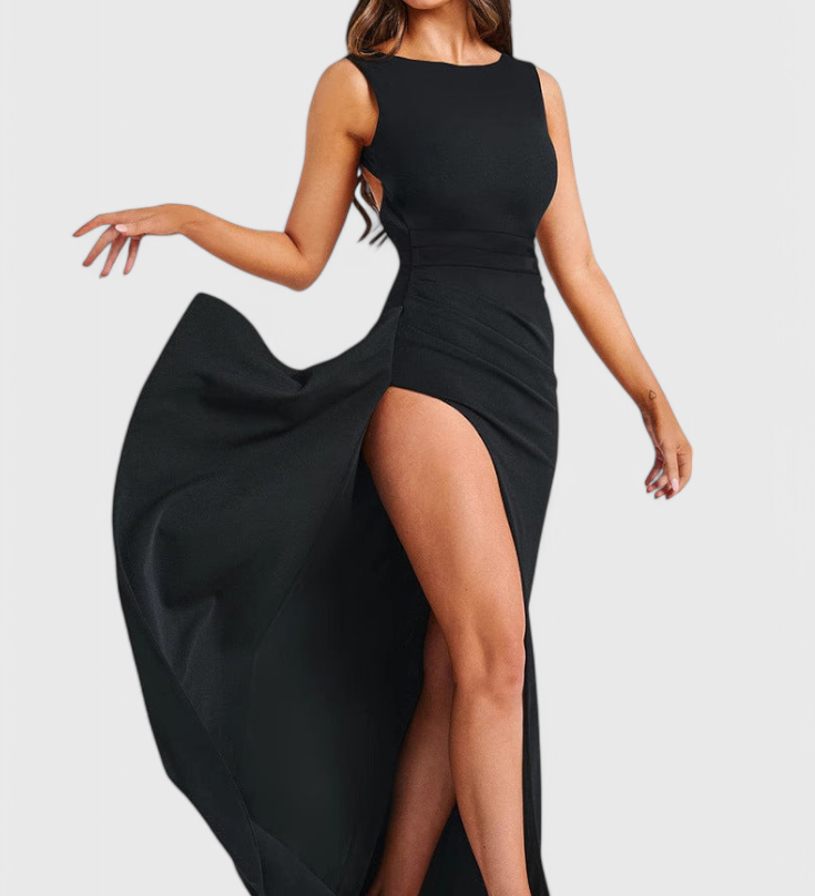 Rochie Ivana din Satin cu Spate Deschis si Fisura Mare