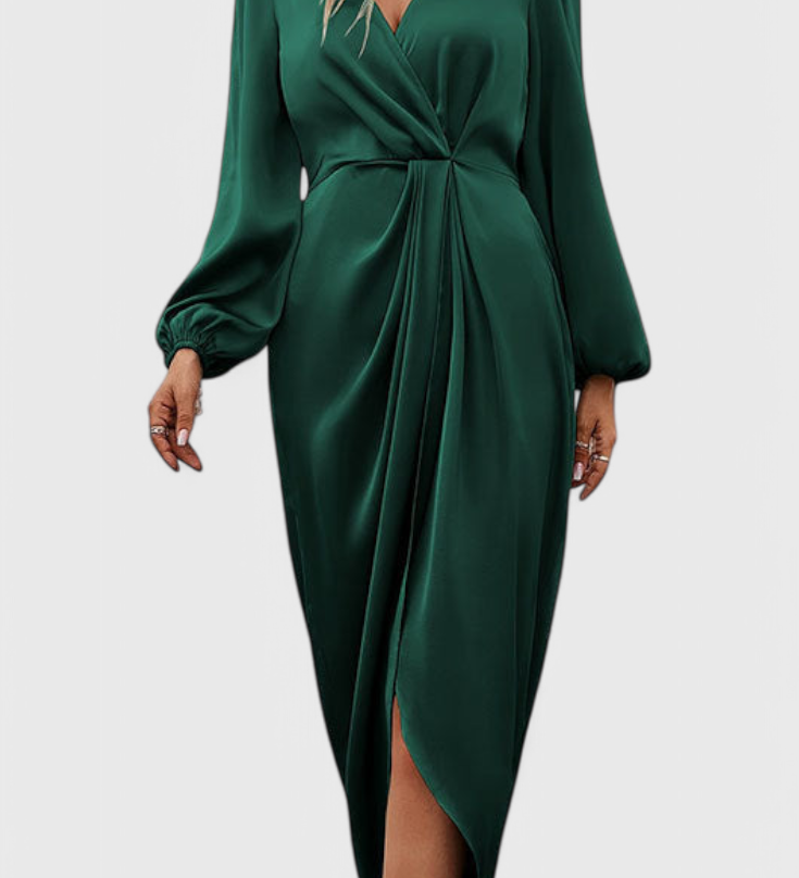 Rochie Elegantă Lungă Andrea cu Decupaj în V și Fisură Pe Laterale