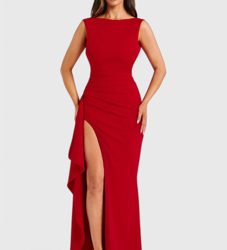 Rochie Ivana din Satin cu Spate Deschis si Fisura Mare