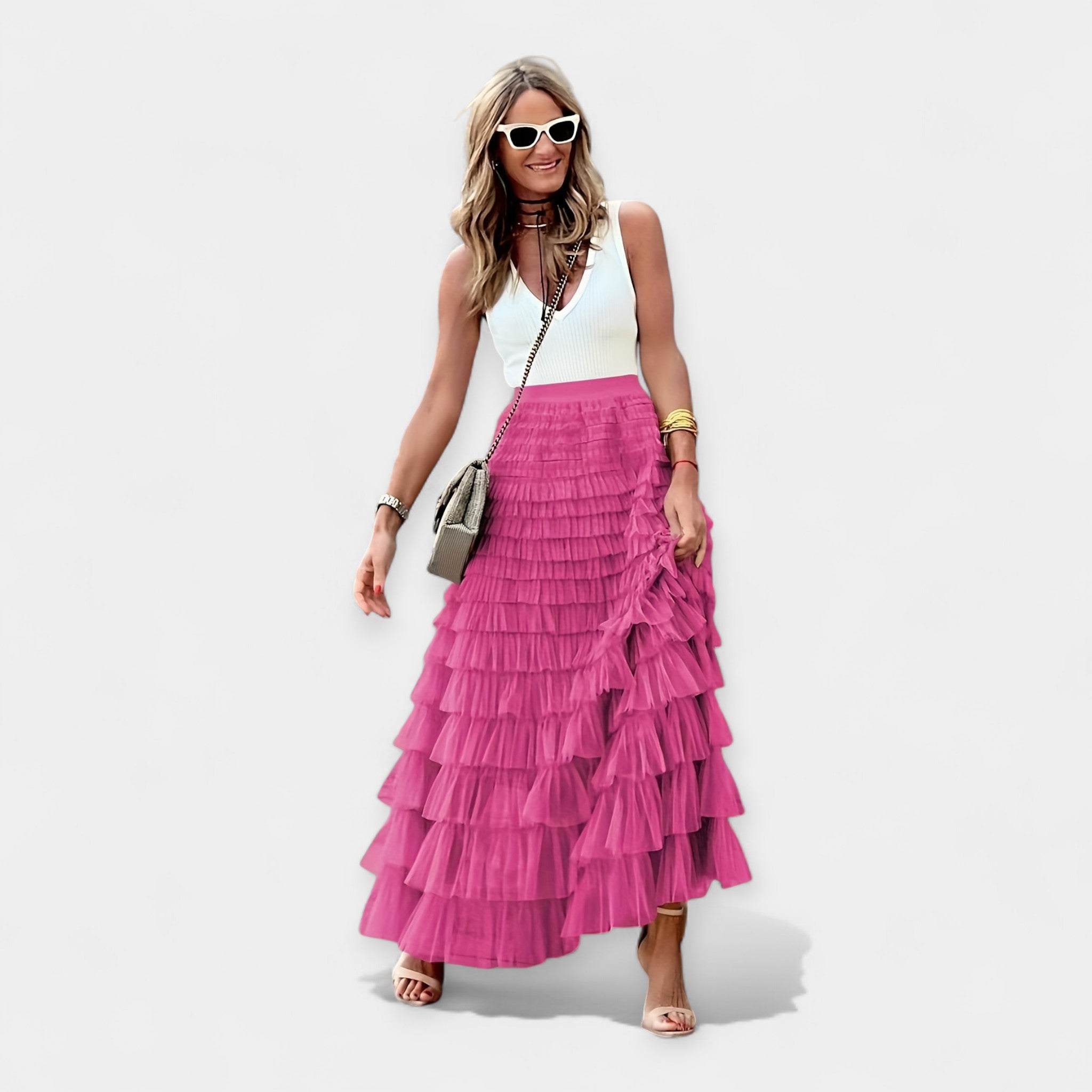 Fustă boho cu margine din satin plasat