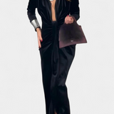 Rochie Lungă Vilma din Catifea Aurie cu Decupaj în V