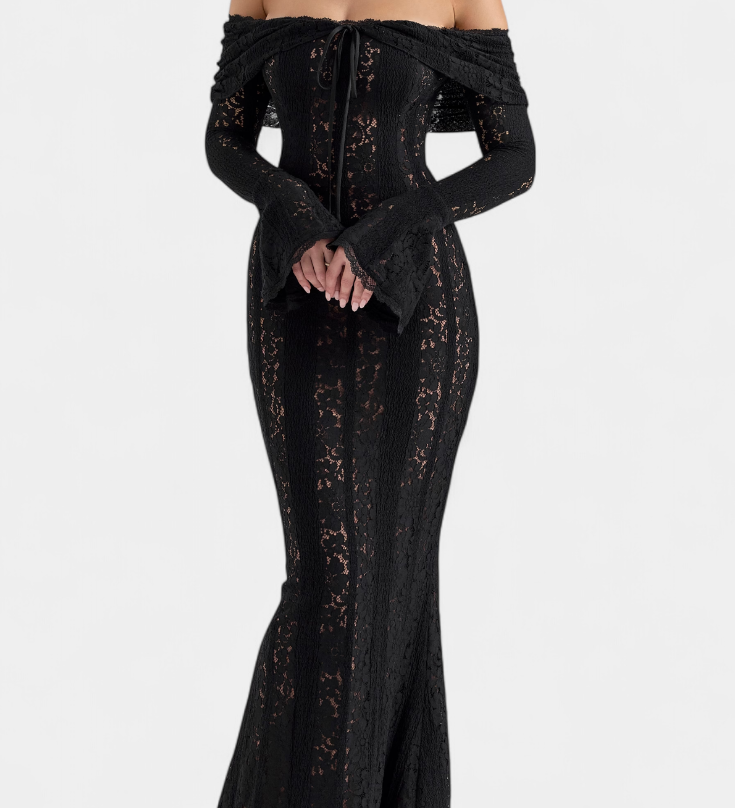 Rochie maxi "Josipa" cu umeri descoperiți din dantelă