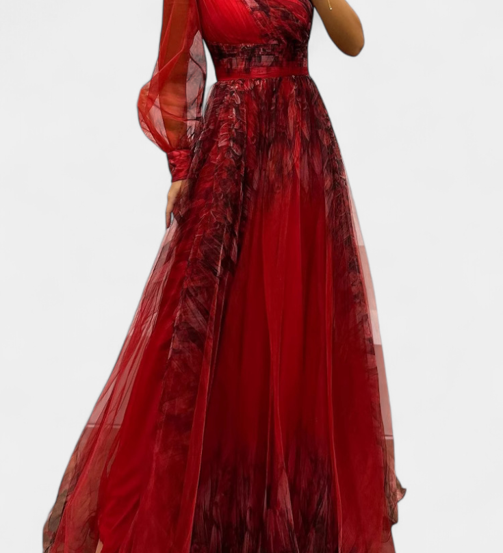 Rochie Maxi din Șifon cu Umăr Decupat și Floare Voluminoasă