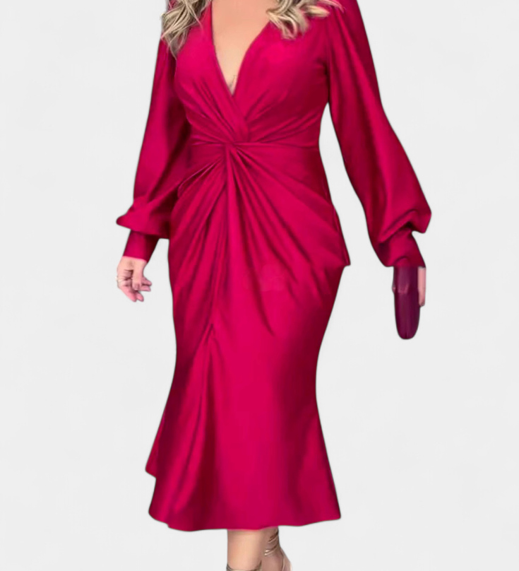 Rochie Lungă cu Mâneci Lungi și Decolteu în V