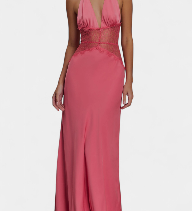 Rochie Martina Duga cu Decolteu Halter și Talie din Dantelă Transparentă