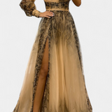 Rochie Maxi din Șifon cu Umăr Decupat și Floare Voluminoasă