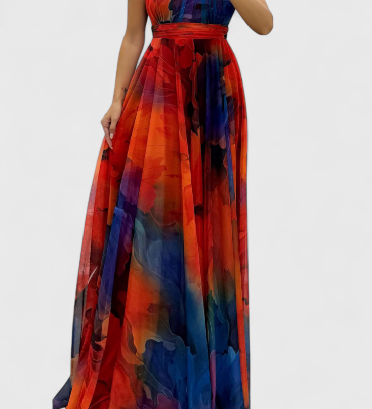 Rochie Maxi din Șifon cu Model Floral și Guler Halter