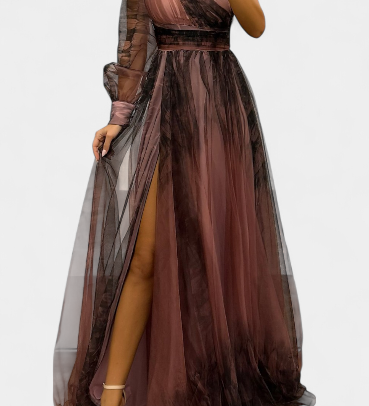 Rochie Maxi din Șifon cu Umăr Decupat și Floare Voluminoasă