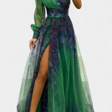 Rochie Maxi din Șifon cu Umăr Decupat și Floare Voluminoasă