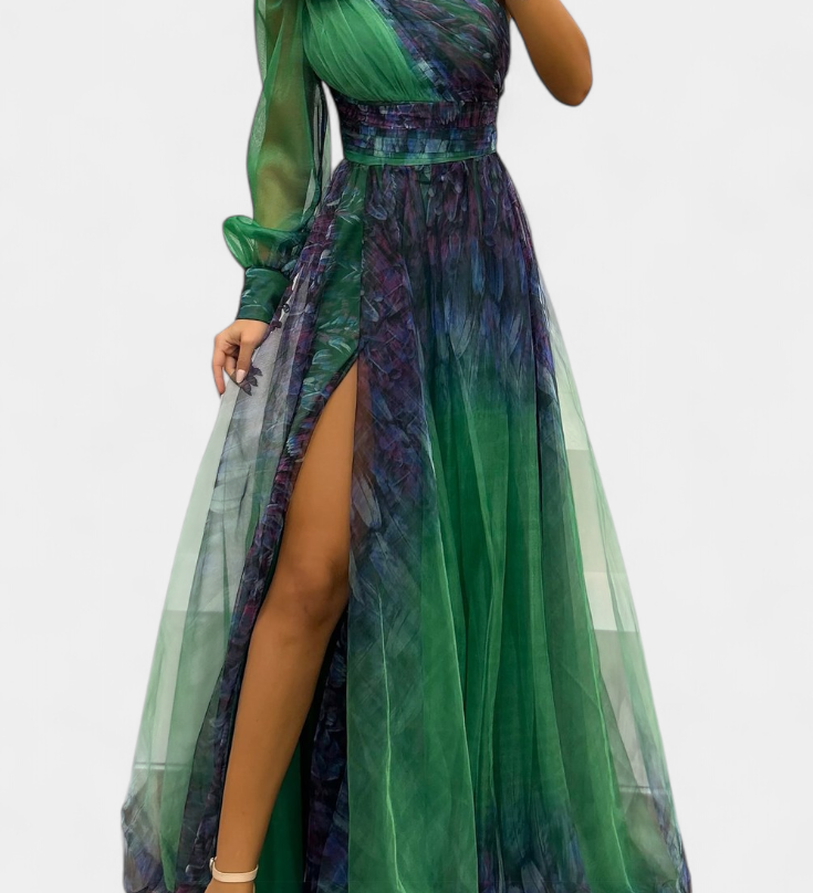 Rochie Maxi din Șifon cu Umăr Decupat și Floare Voluminoasă