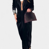 Rochie Lungă Vilma din Catifea Aurie cu Decupaj în V