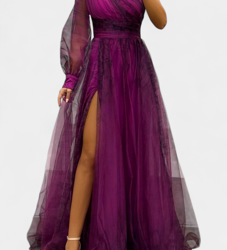 Rochie Maxi din Șifon cu Umăr Decupat și Floare Voluminoasă