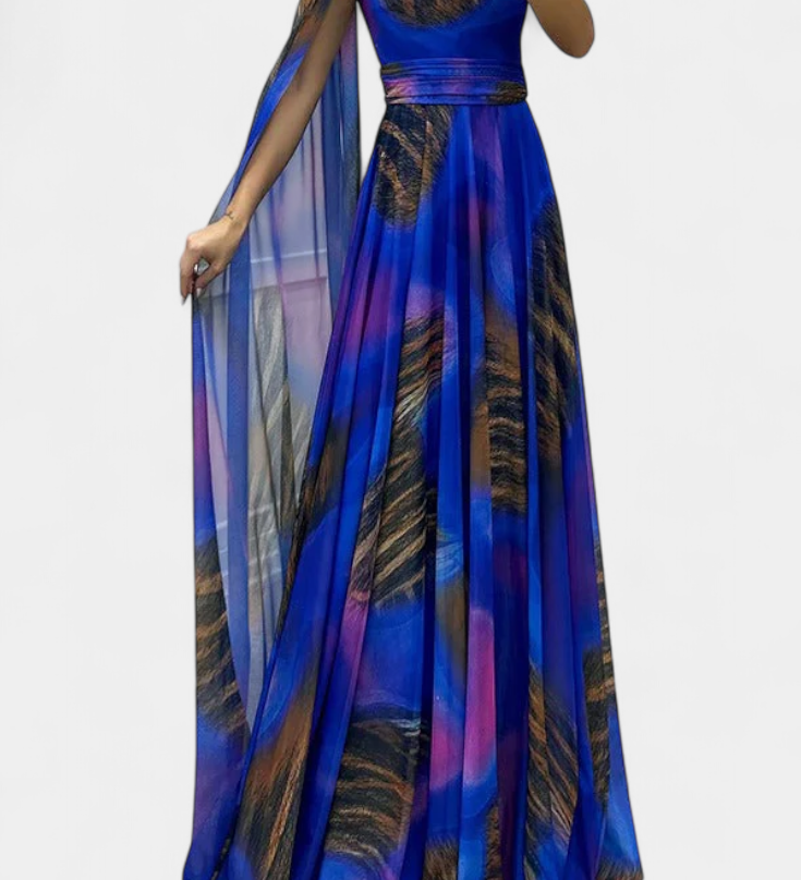 Rochie lungă Nives cu o umăr și detaliu colorat