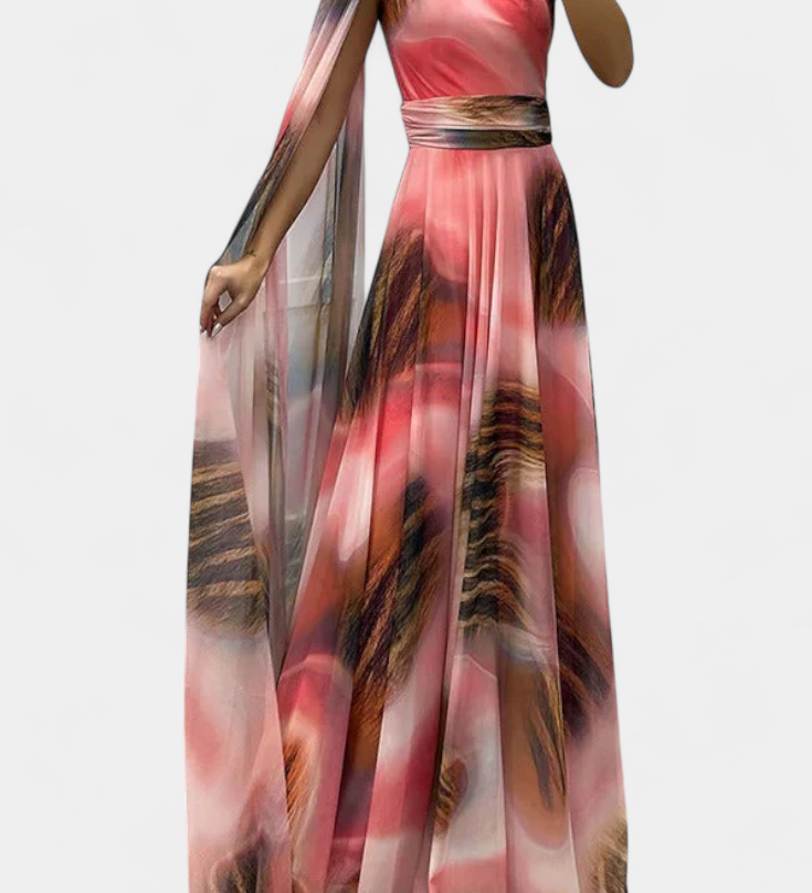 Rochie lungă Nives cu o umăr și detaliu colorat