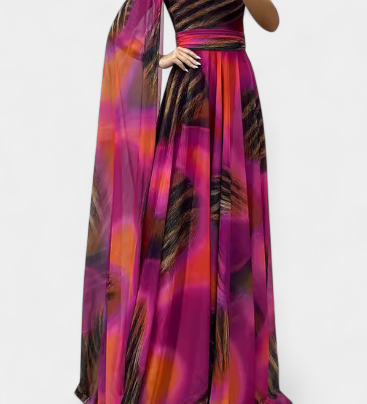 Rochie lungă Nives cu o umăr și detaliu colorat