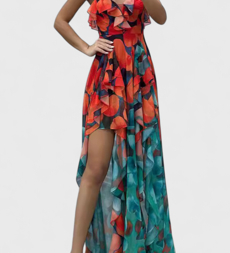 Zrinika Maxi Rochie fără Mâneci cu Volane și Deschidere Gradient