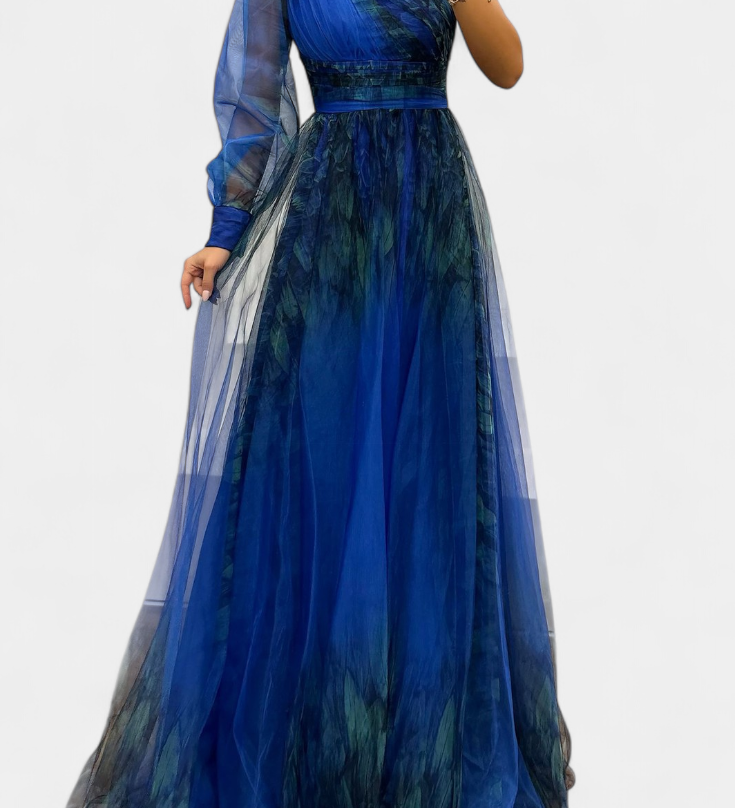 Rochie Maxi din Șifon cu Umăr Decupat și Floare Voluminoasă