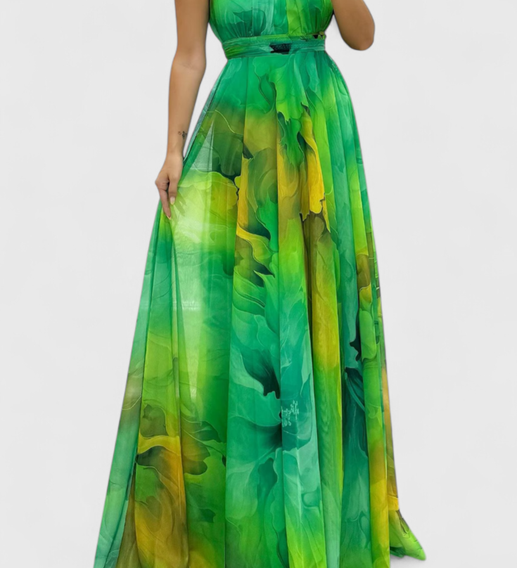 Rochie Maxi din Șifon cu Model Floral și Guler Halter