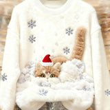 Imprimare Artistică Frumoasă de Crăciun cu Pisici pentru Femei, Hanorac Casual