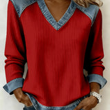 Top patchwork cu decolteu în V, inspirat de Crăciun pentru femei