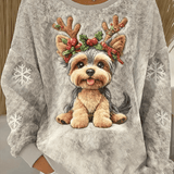 Pulover din flanel liber cu imprimeu artistic de Crăciun pentru femei